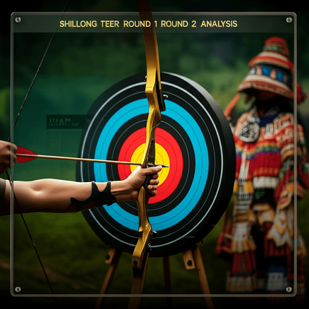Shillong Teer Round 1 aur Round 2 ke results ka analysis karte hue, archery target par focus